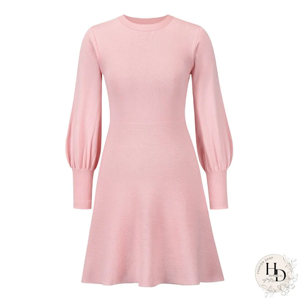 Crew Neck Long Sleeve High Elastic Waist Mini Dress