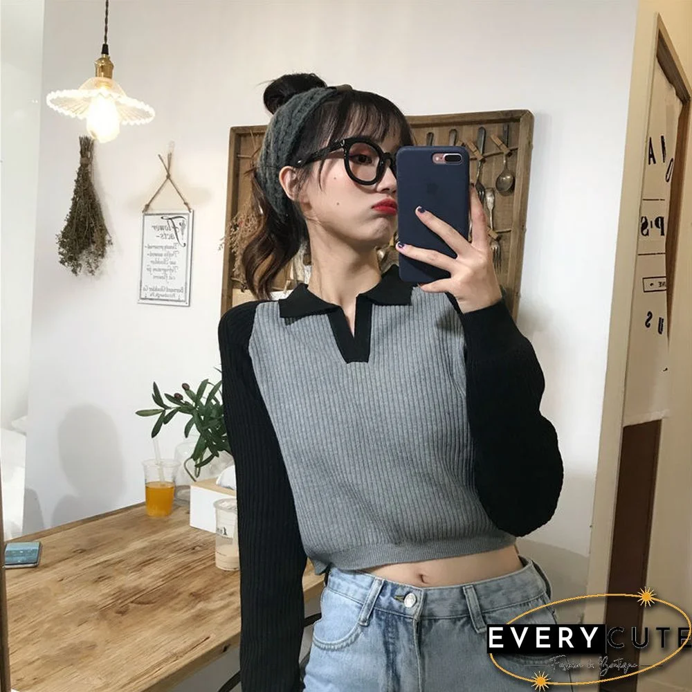 Turn-Down Collar Long Sleeve T-Shirts Women Patchwork Trendy Korean Style Streetwear Outwear Knitted Loose Chic Vintage Stretchy