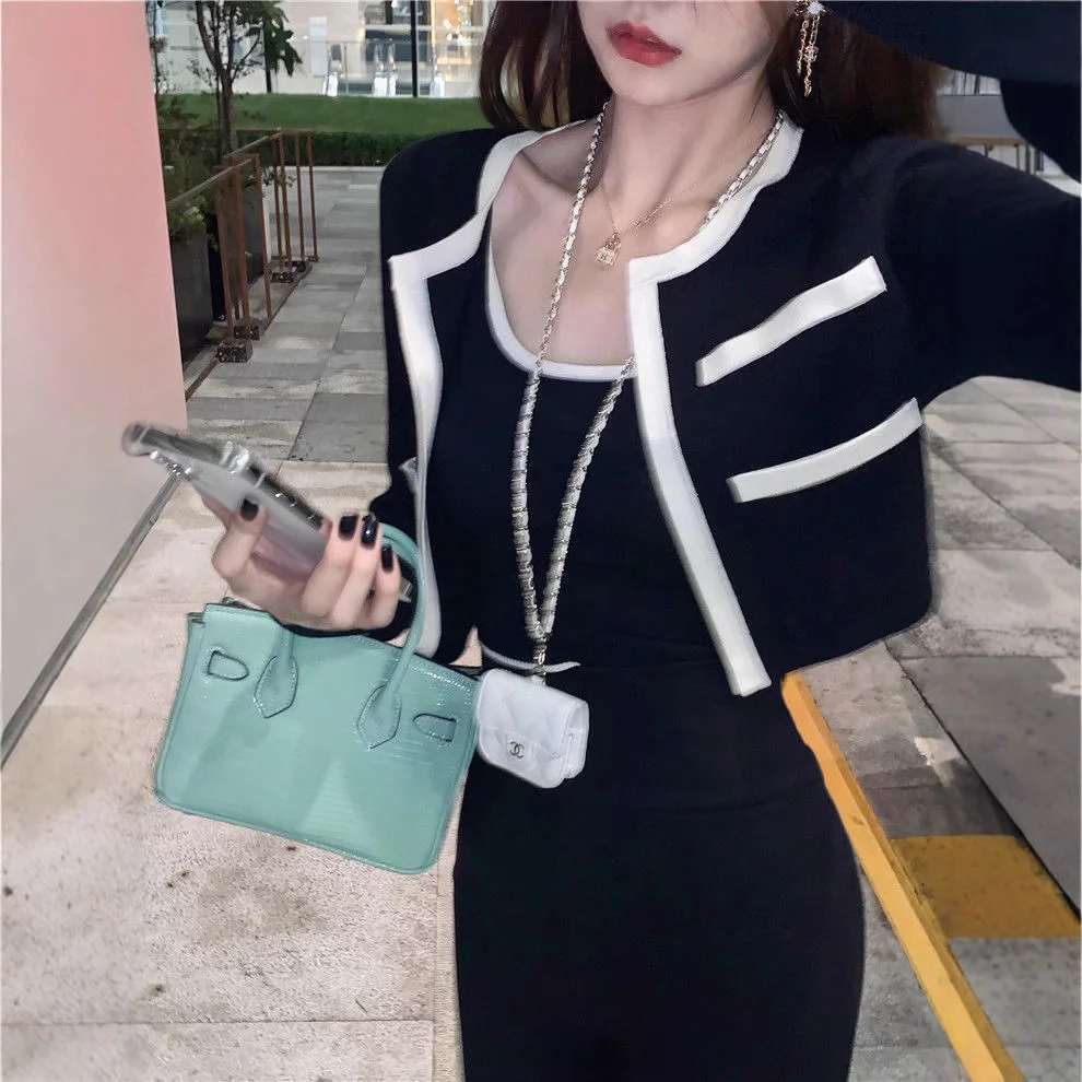 Uveng Uveng Bing Color Knitted Jersey Coat Women's Small Fragrant Summer New Sling Vest Short Top Two Sets