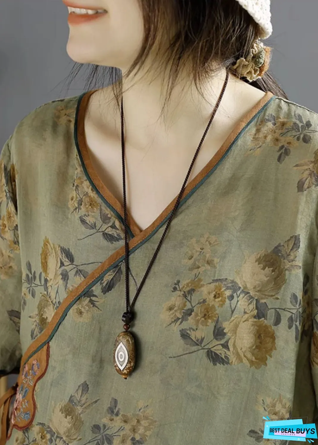 Vintage Green Embroideried Print Lace Up Linen Shirts Summer