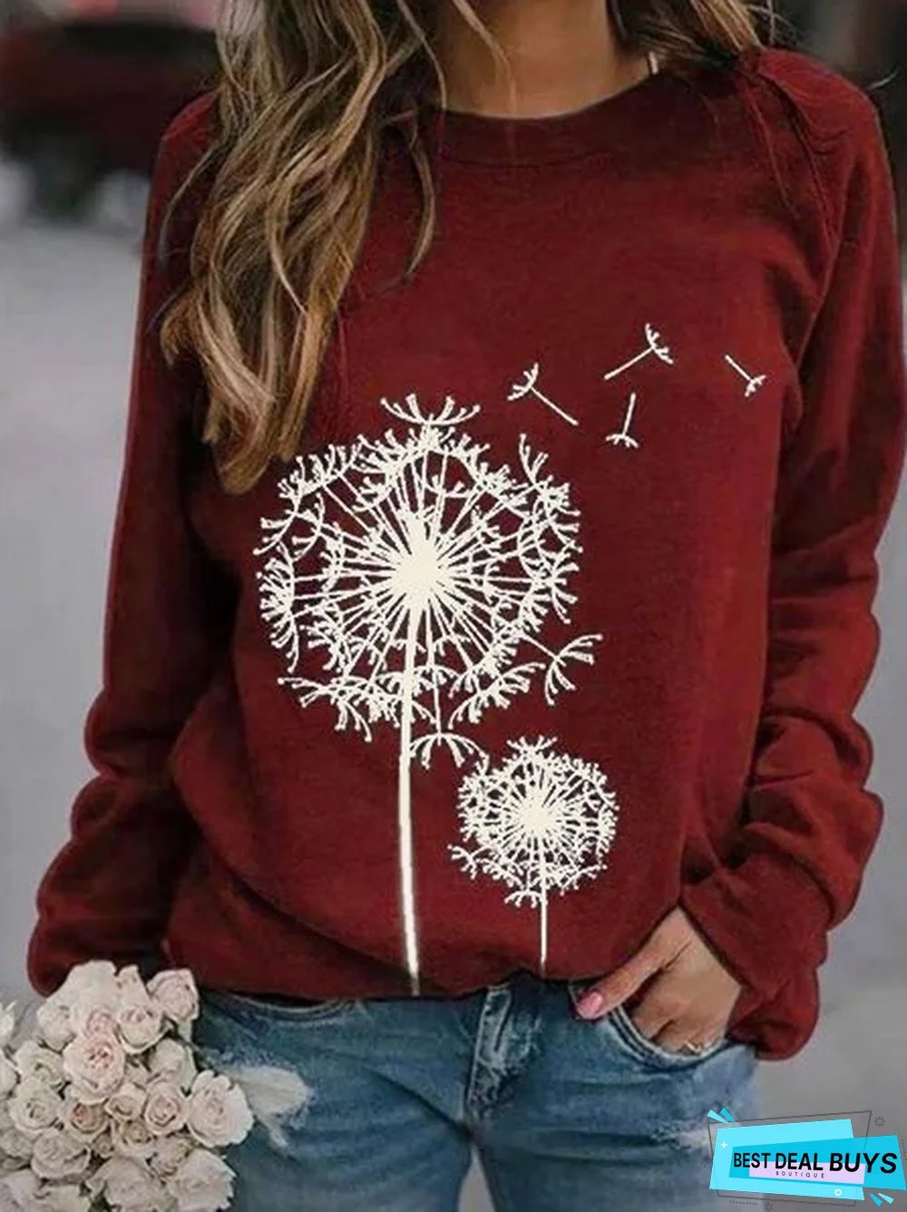 Crew Neck Boho Printed Cotton-Blend Hoodies & Sweatshirt