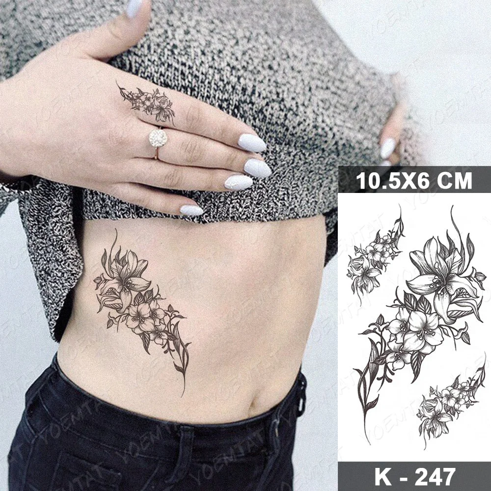 Waterproof Temporary Tattoo Sticker Realistic Black Waist Wrist Lily Flowers Flash Tatoo Fake Tatto For Body Art Women Men