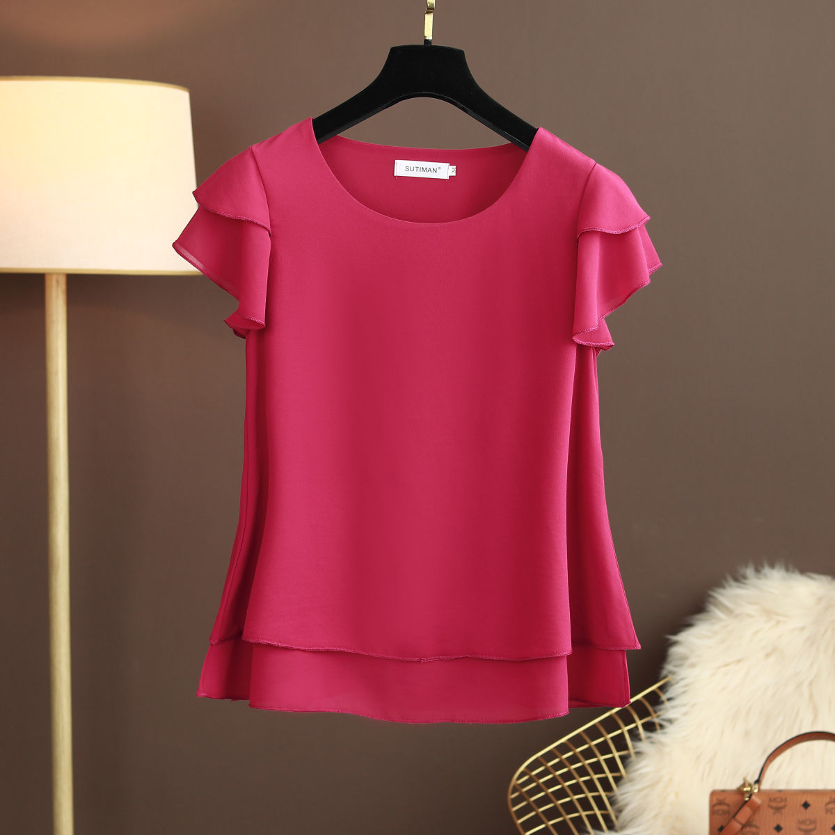 Ballifyex New Summer Women Blouse Loose O-Neck Chiffon Shirt Female Short Sleeve Blouse Oversized 6XL Shirts womens tops and blouses Top