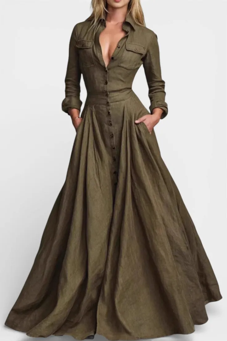 Military-Inspired Long Button-Down Maxi Dress