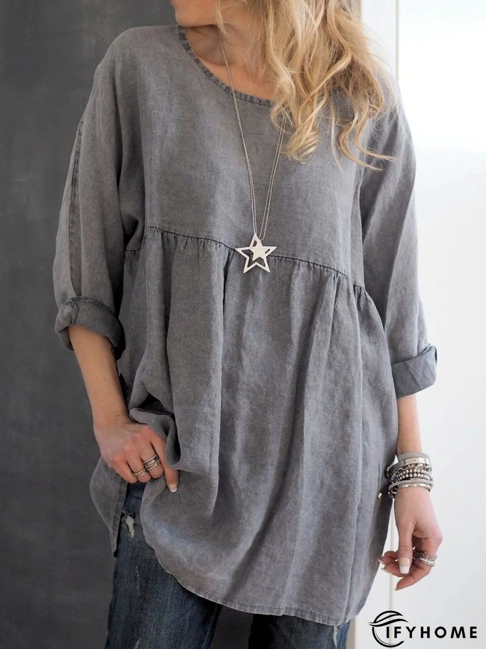 Gray Round Neck Cotton Plain 3/4 Sleeve T-shirt | IFYHOME