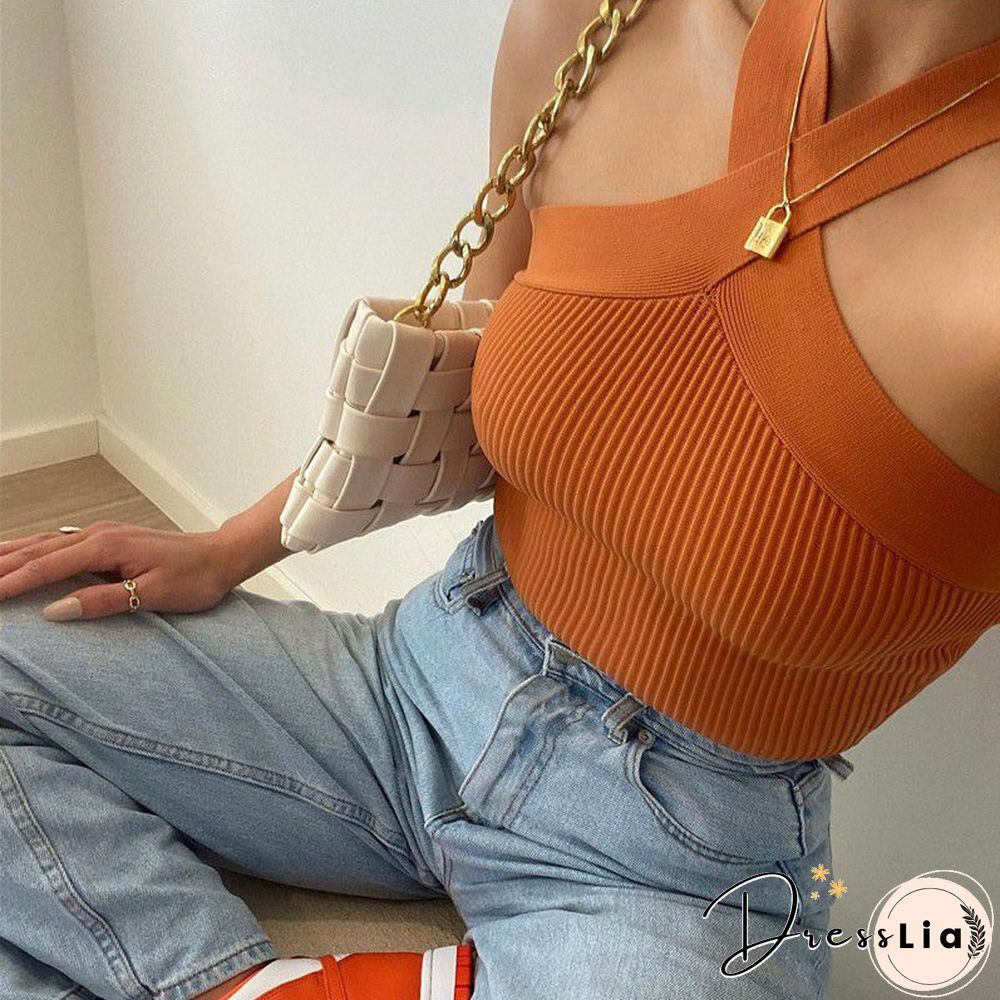 Crinkle Wide Ribbed Rib Criss Cross Halter Crop Top