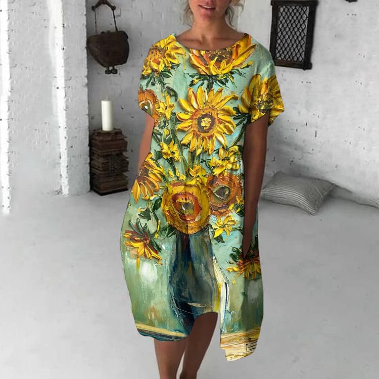 Öl Malerei Sunflower Crew Neck Midi Kleid