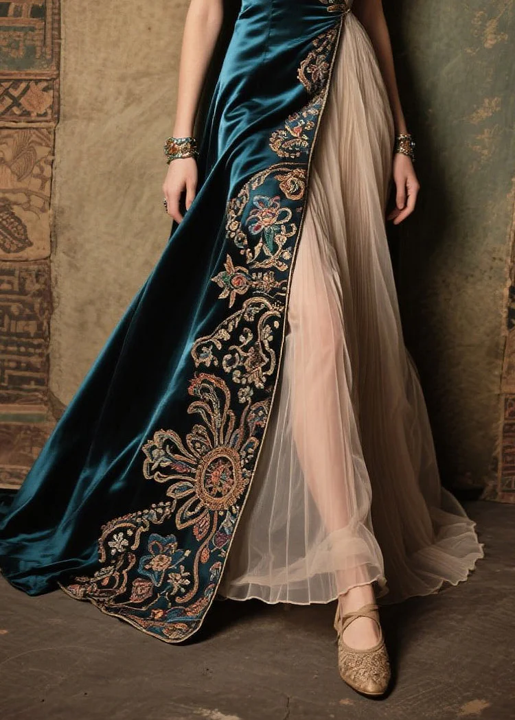bohemian peacock dress Blue Jacquard Tulle Patchwork Silk Velour Summer SIZE:14UK Bohemian style Package Included collection:theholidayshop Wear them separate or
