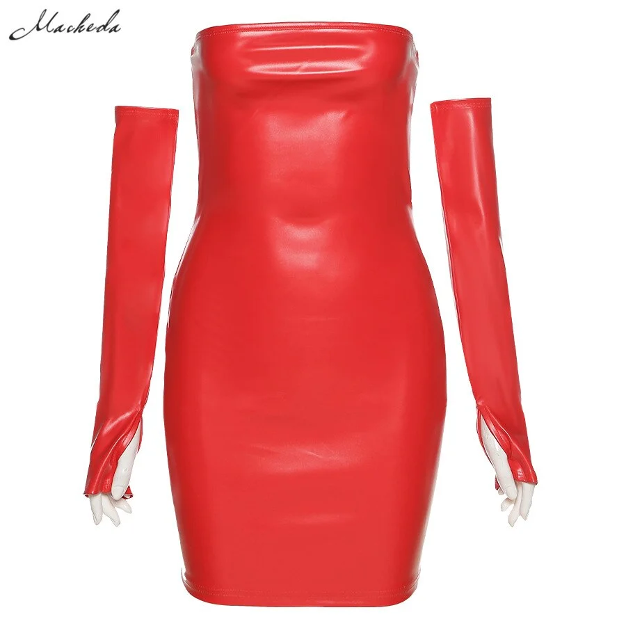 Macheda Autumn Sexy PU leather Slim Dress Women Removable Long Sleeve Strapless Fashion Clothing Lady Solid Mini Bodycon Dresses