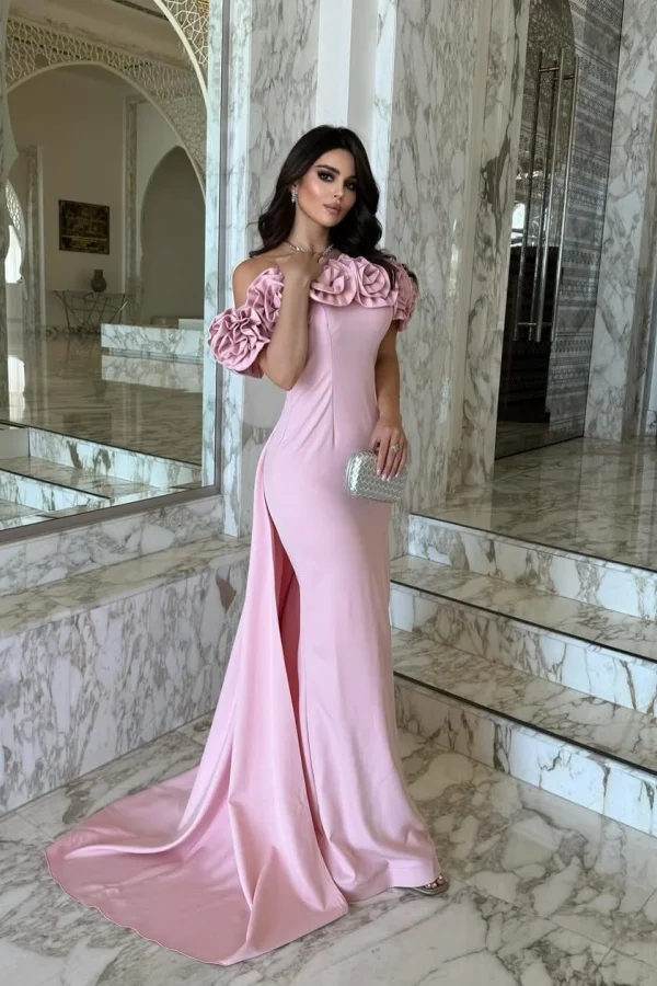 Miabel Glamorous Pink Satin Floral Off the Shoulder Prom Dress with Train     