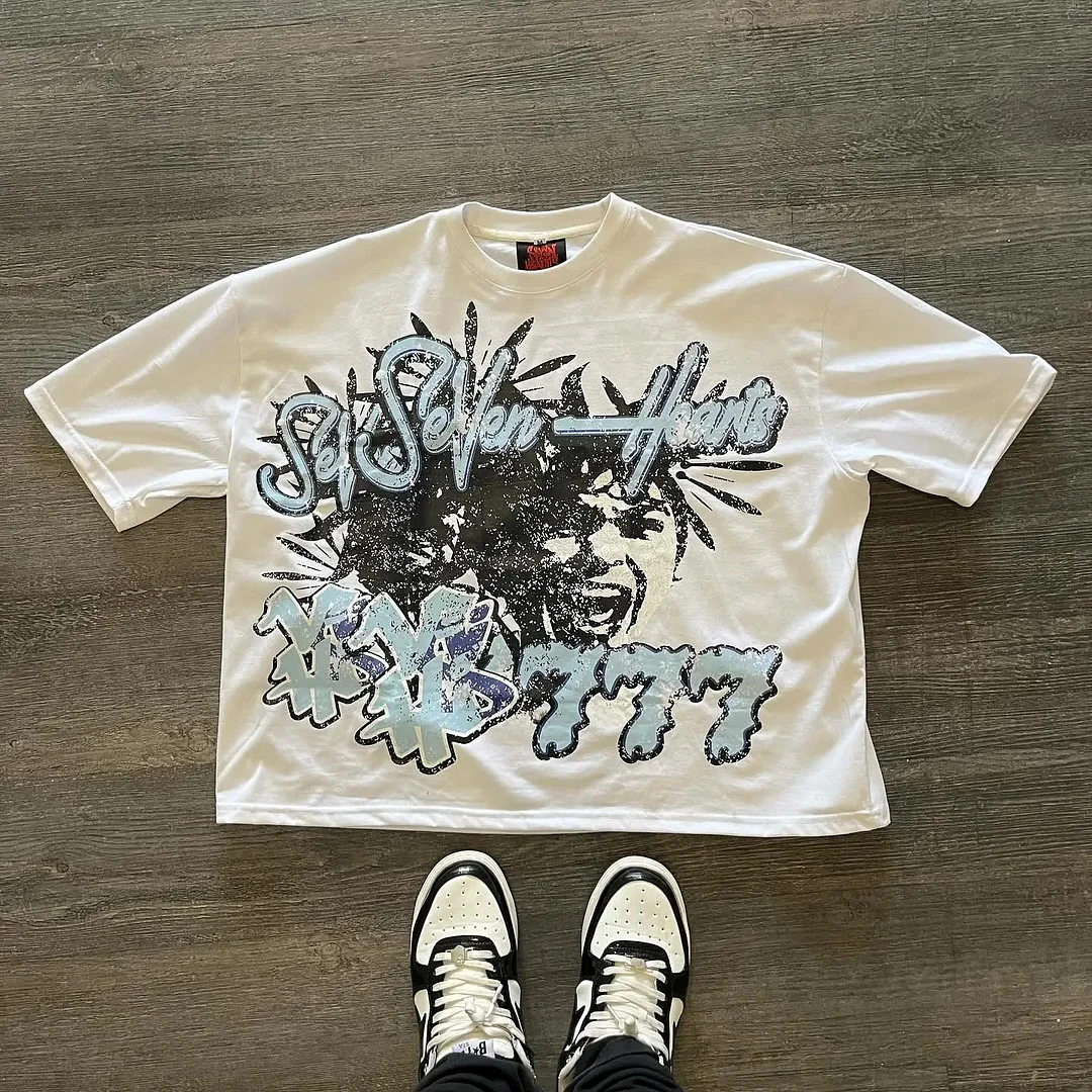 Abebey-American Trendy Gothic Big Eyes Letter Print Oversized T-Shirt Men's Y2K Loose Harajuku Versatile Fashion Short Sleeve Top