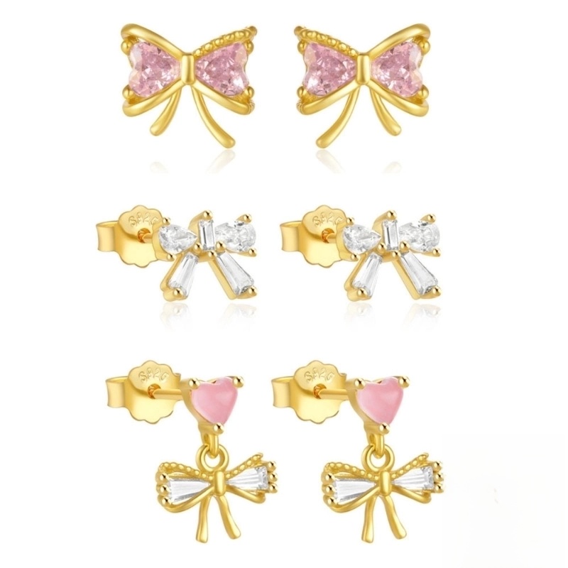 1 Pair 925 Sterling Silver Zircon Heart Shape Bow Knot Ear Studs