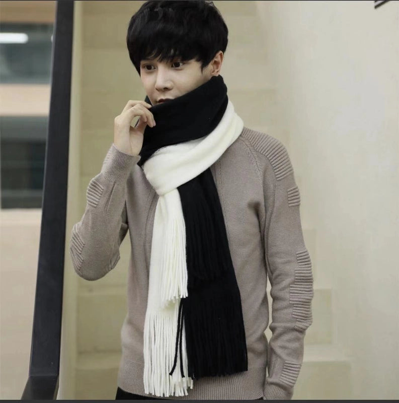 Imitation Cashmere Scarf Women’s Autumn And Winter Color-blocking Warm Japanese And Korean Style Couple Thickened Scarf Two-color Tassel Scarf