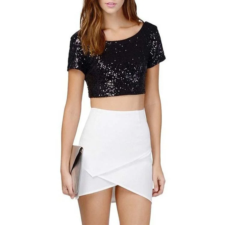 Wongn Wongn Sequin Top Ebay Sexy Back Crop Top Women's T-Shirt Short Sleeves