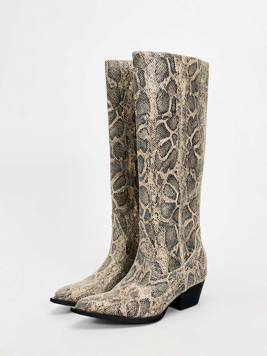 Gray Snip Toe Vegan Leather Python Wide-Calf Knee-High Cowgirl Boots   Nicepairs