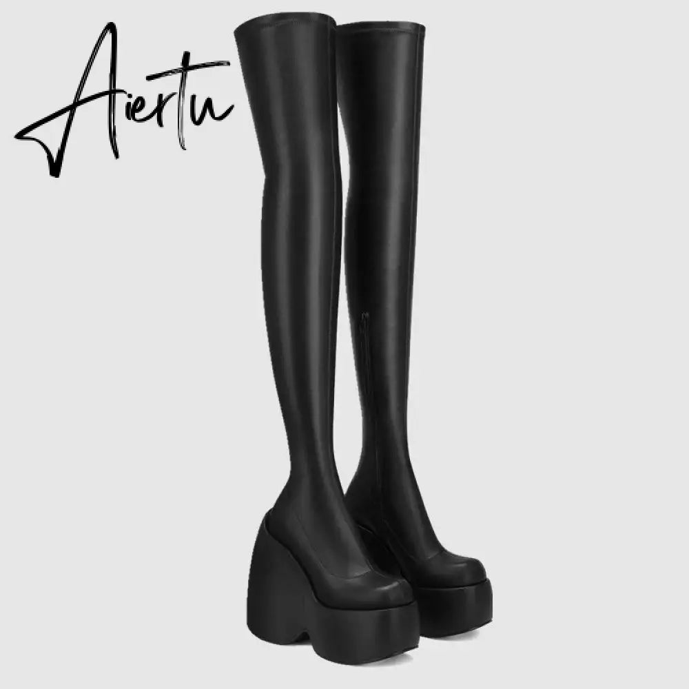 Spring autumn Women Over The Knee High Boots Pointed Toe wedges Heels slip on platform white Thigh High Boots Aiertu