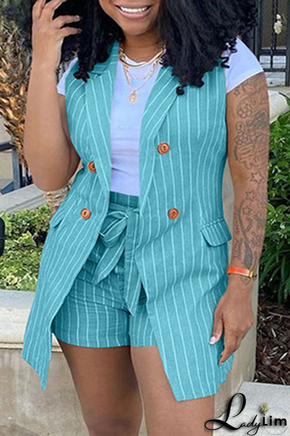 Black Fashion Casual Striped Print Patchwork Cardigan Turndown Collar Plus Size Two Pieces (Without T-shirt)