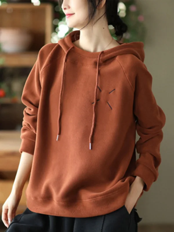 Simple Long Sleeves Loose Velvet Keep Warm Solid Color Hoodies Tops