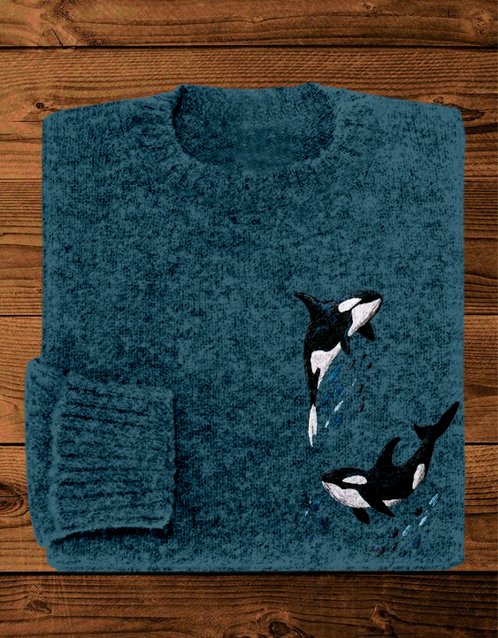 Whales Embroidery Art Crew Neck Cozy Knit Sweater wearshes