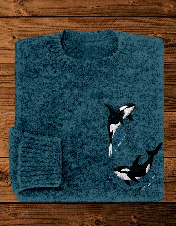 Whales Embroidery Art Crew Neck Cozy Knit Sweater