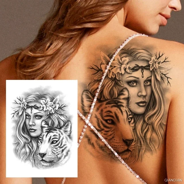 Large Tiger Lion Black Flower Fake Tattoo Sticker For Women Rose Fox BirdTemporary Tattoos DIY 3D Water Transfer Tatoos Girl Man
