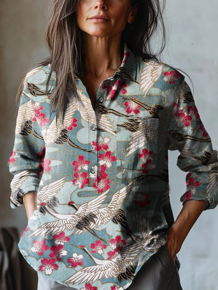 Women's Vintage Japanese Art Crane Print Casual Cotton And Linen Shirt