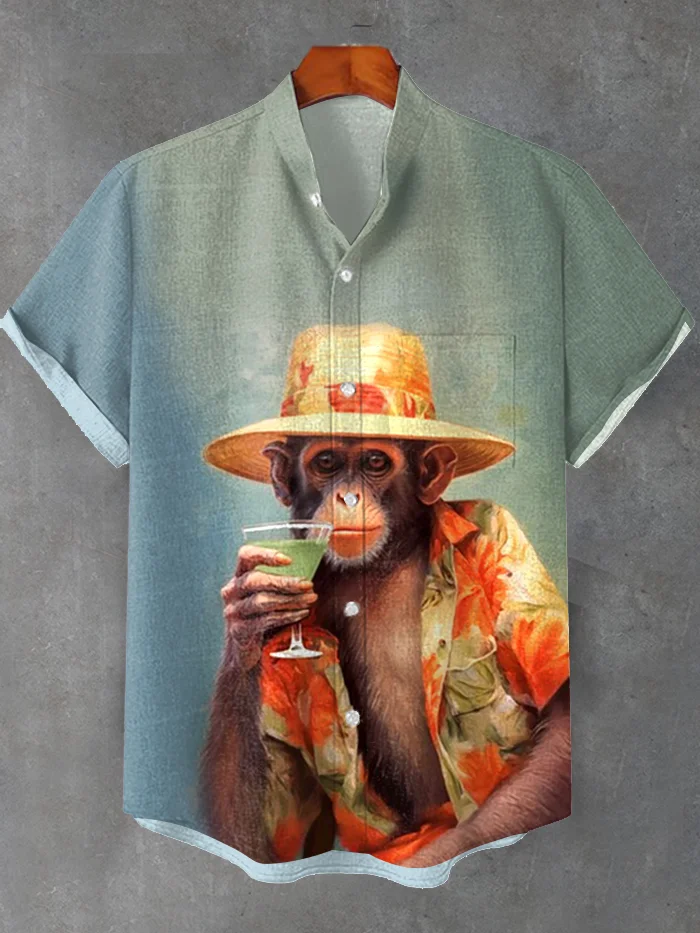 Men's Vintage Holiday Monkey Drinking Art Print Shirt