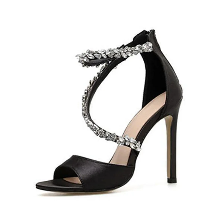 Black Open Toe Sandal Heels Rhinestones Ankle Strap Party Stiletto |FSJ Shoes