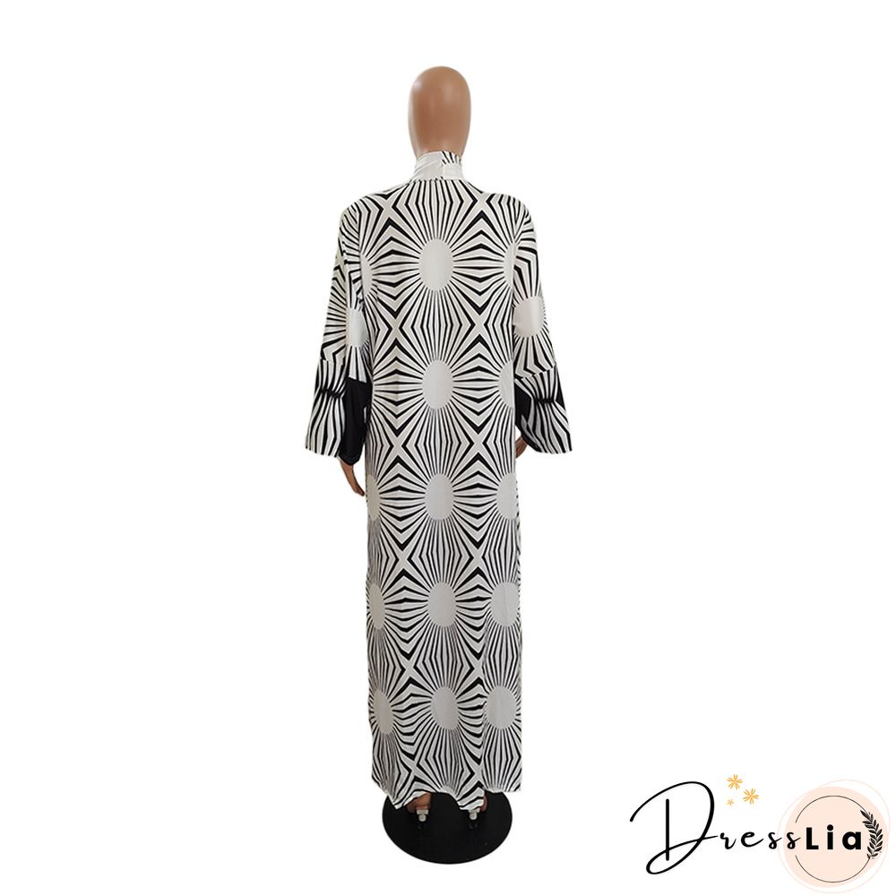 Printed Long Sleeve Open Front Long Cardigan Tops