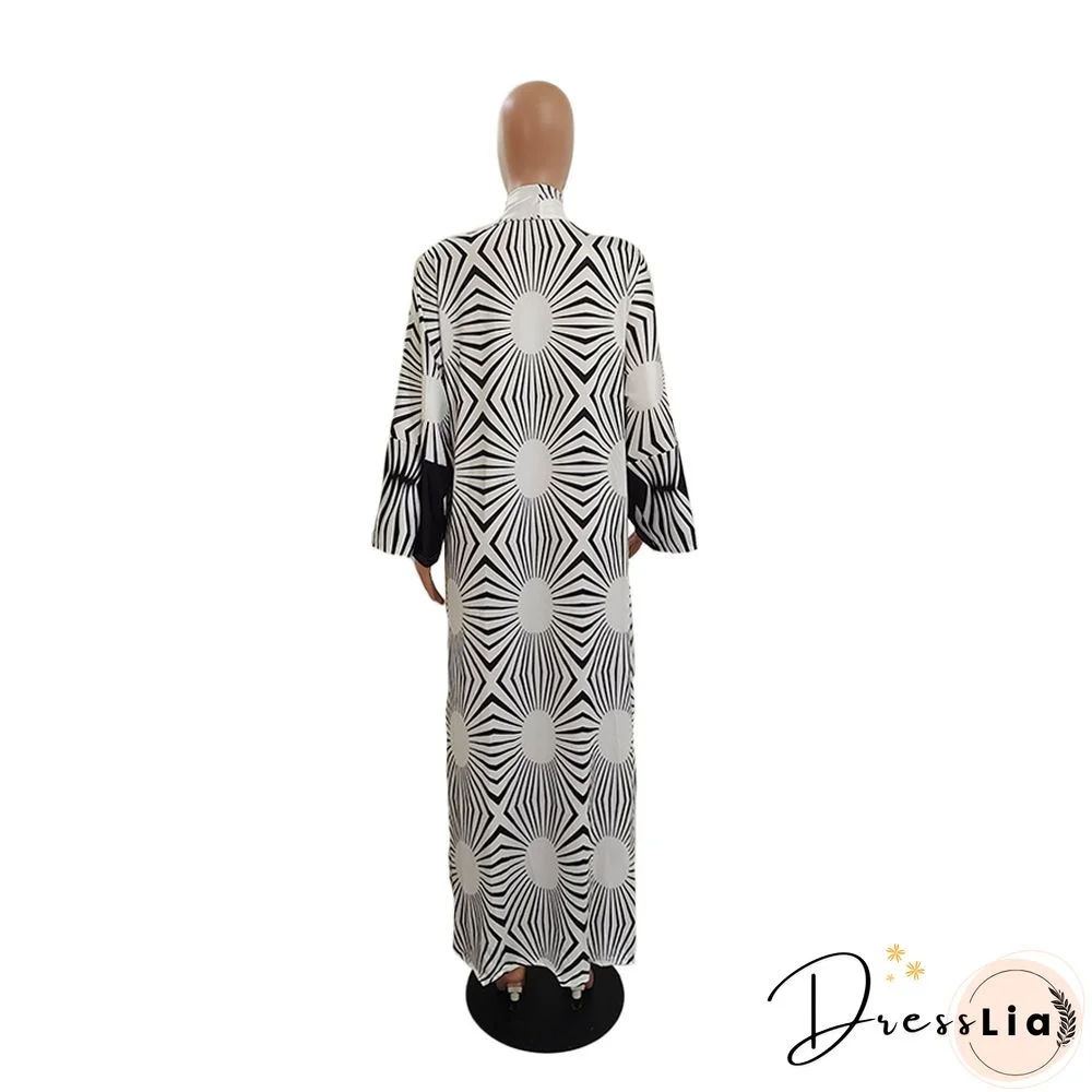 Printed Long Sleeve Open Front Long Cardigan Tops