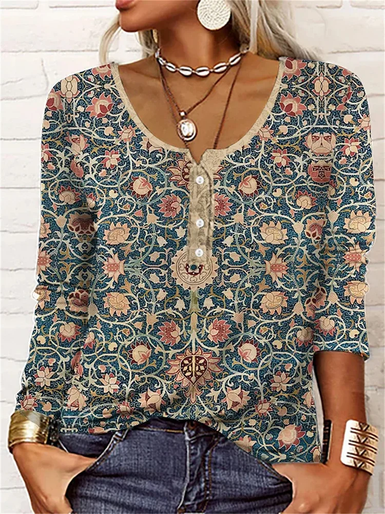 Women's Long Sleeve Floral Printed U Collar Long Sleeve T-Shirt Top