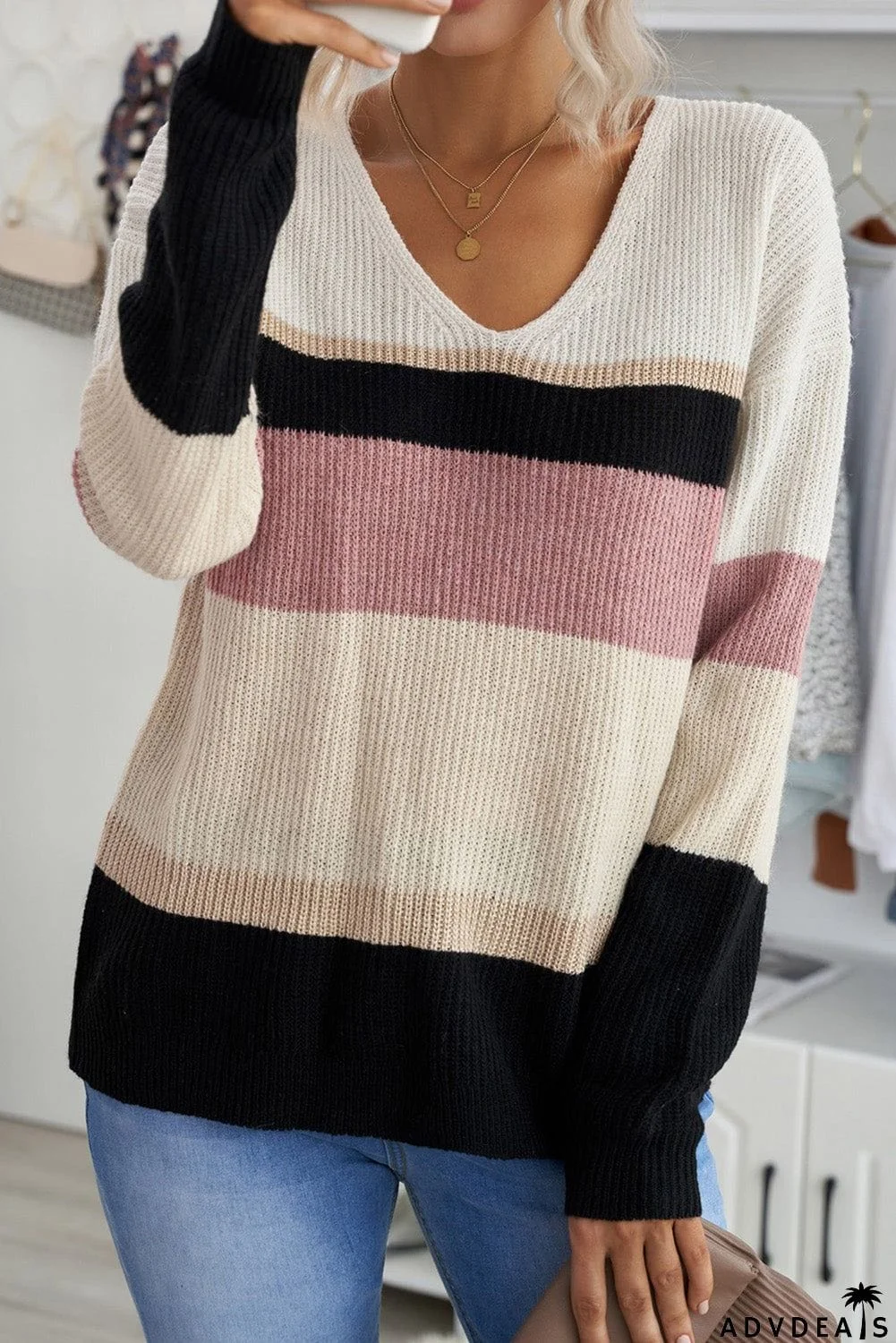Khaki Colorblock V Neck Ribbed Knitted Sweater