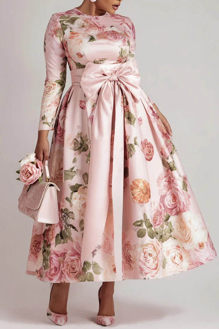 Xpluswear Design Plus Size Wedding Guest Pink Floral Round Neck Long Sleeve Wrap Elegant Bow Tie Satin Maxi Dresses