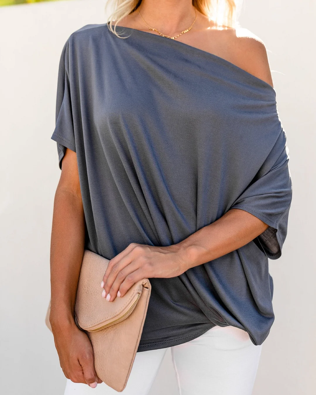 Sexy Pure Color Slanted Shoulder Baggy Blouse T-Shirt