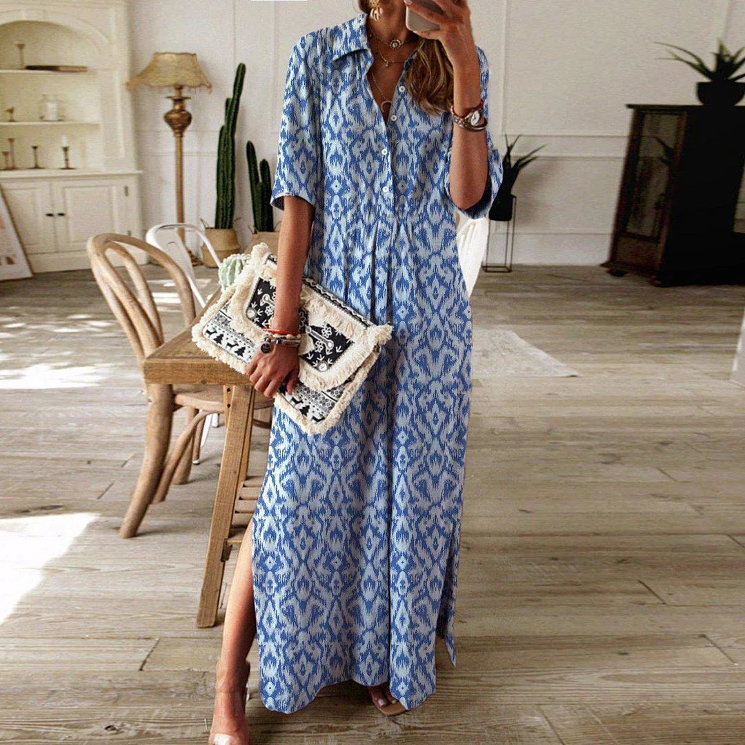 Casual Lapel Print Mid Sleeve Maxi Dress