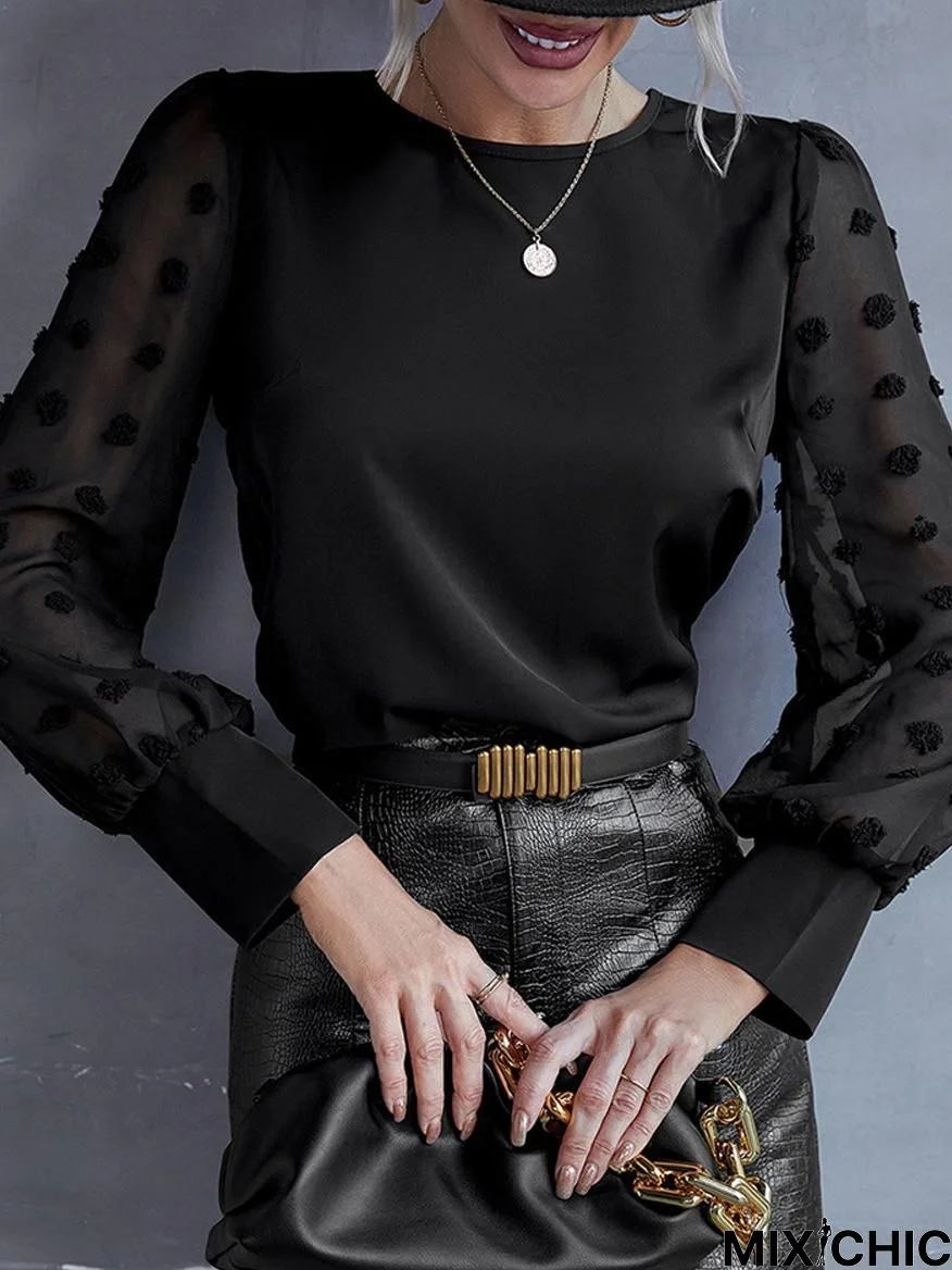 Round Neck Solid Color Polka Dot Long Sleeve T-Shirt