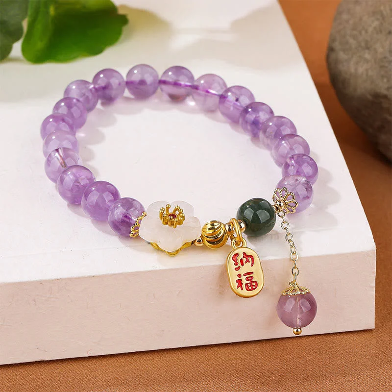 Natural Amethyst Cherry Blossom Healing Fortune Blessing Charm Bracelet