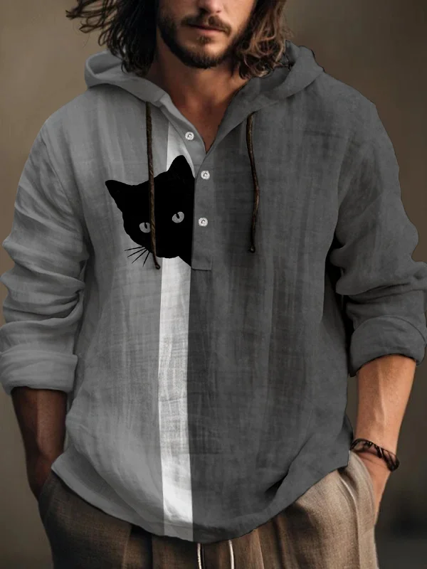 Men's Fun Hide And Seek Black Cat Print Hooded Shirt