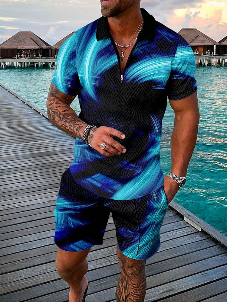 Men's Vacation Blue Aurora Printed Polo Suit