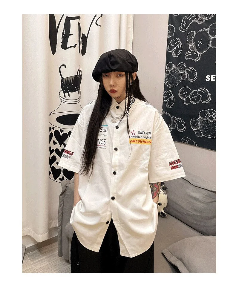 Back to School High Street Harajuku Monogram Print Oversized Shirt Female Short Sleeve Lapel Button Blouse Summer Casual Tees Streetwear