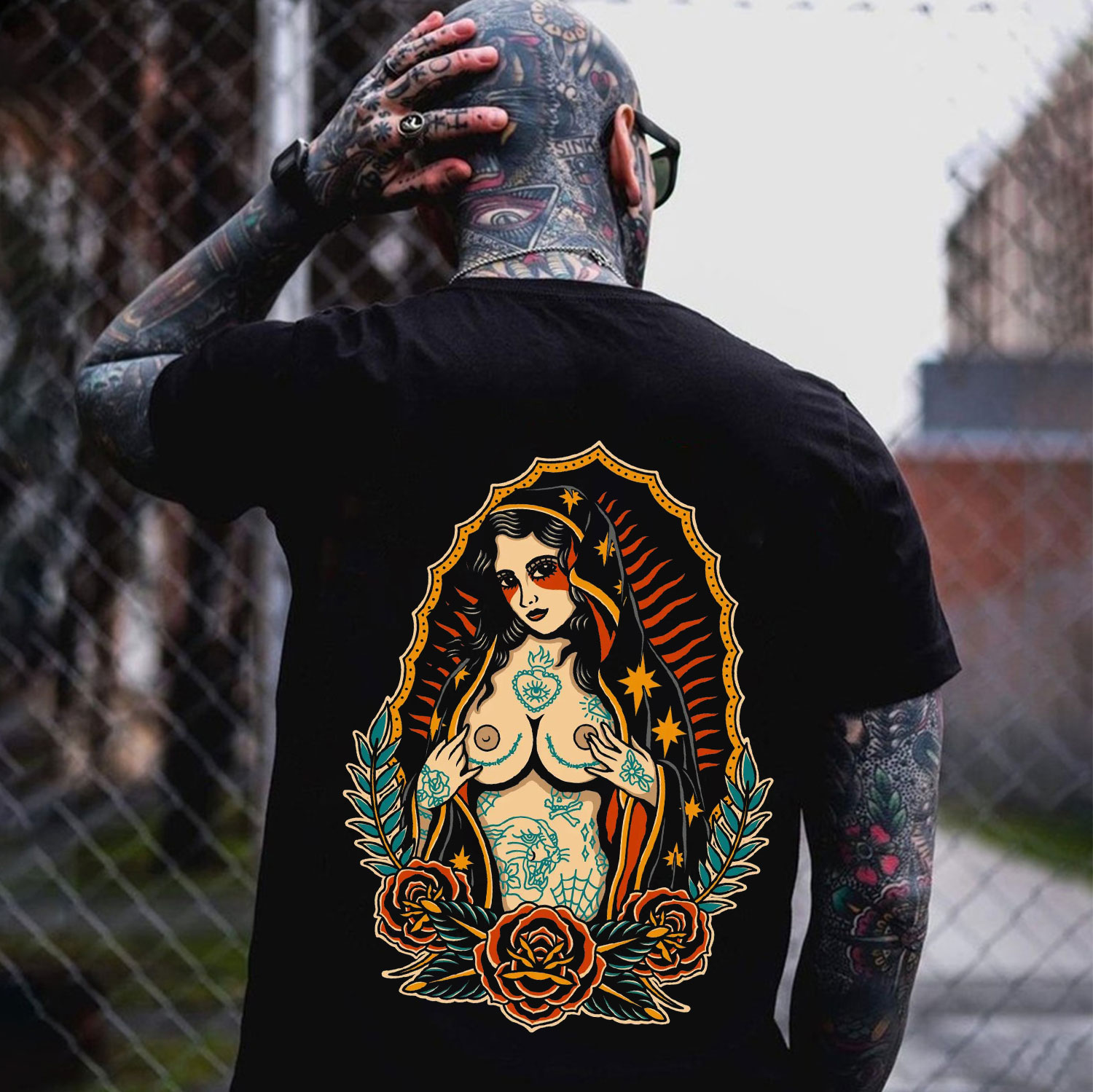Gothic Naked Goddess with Roses Graphic Black Print T-shirt
