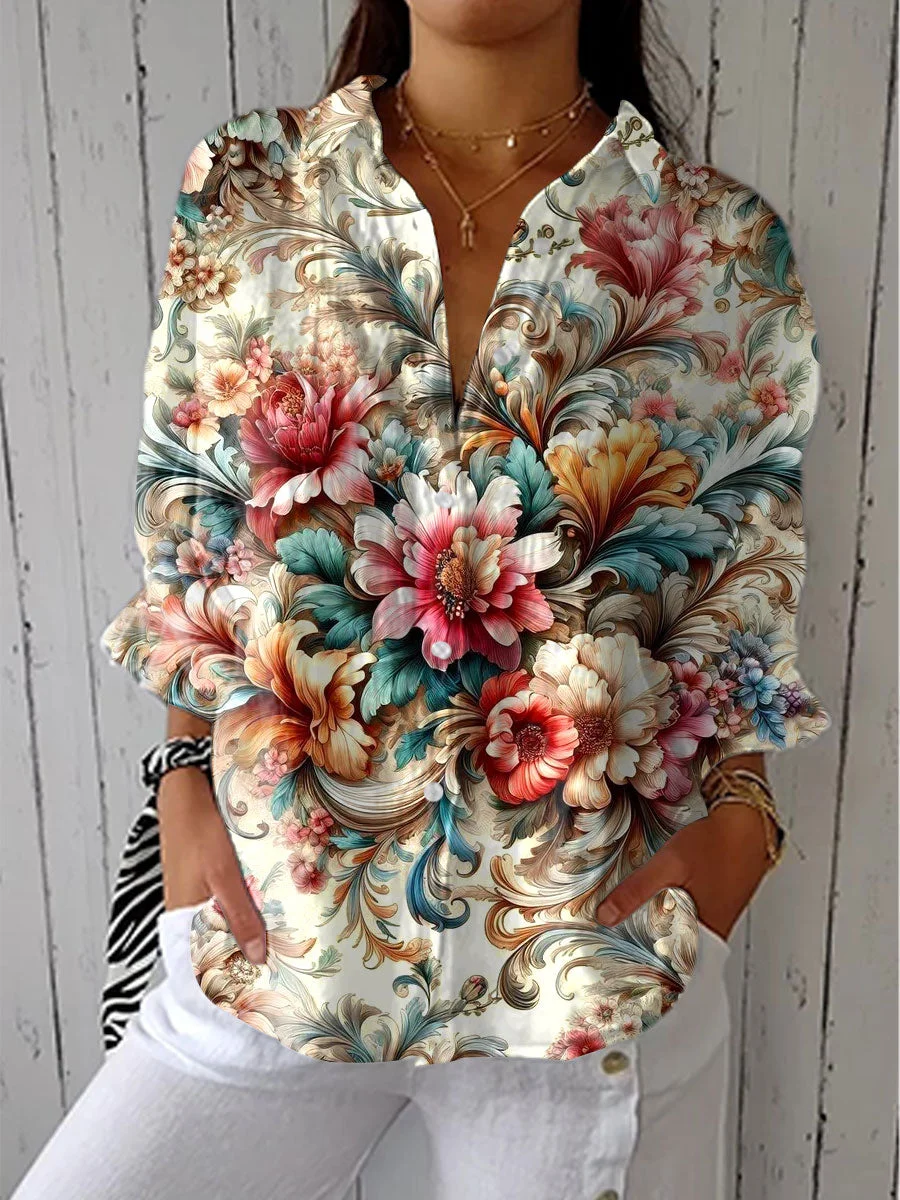 Women's  Vintage Flowers Art Print Casual Linen V-neck Shirt