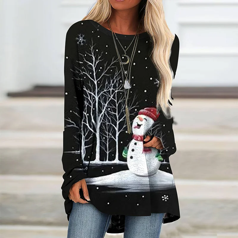 Snow Covered Tree Snowman Print Women's Long Sleeve T-shirt
