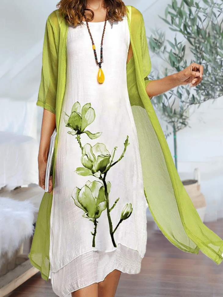 Three Quarter Sleeves Floral Printed Loosen Weaving Dress Suits