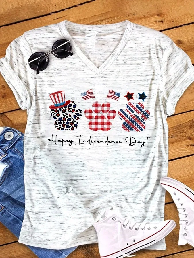 Women's Happy Independence Day Dog Paw Print Snowflake Dot V-Neck Short Sleeve T-Shirt