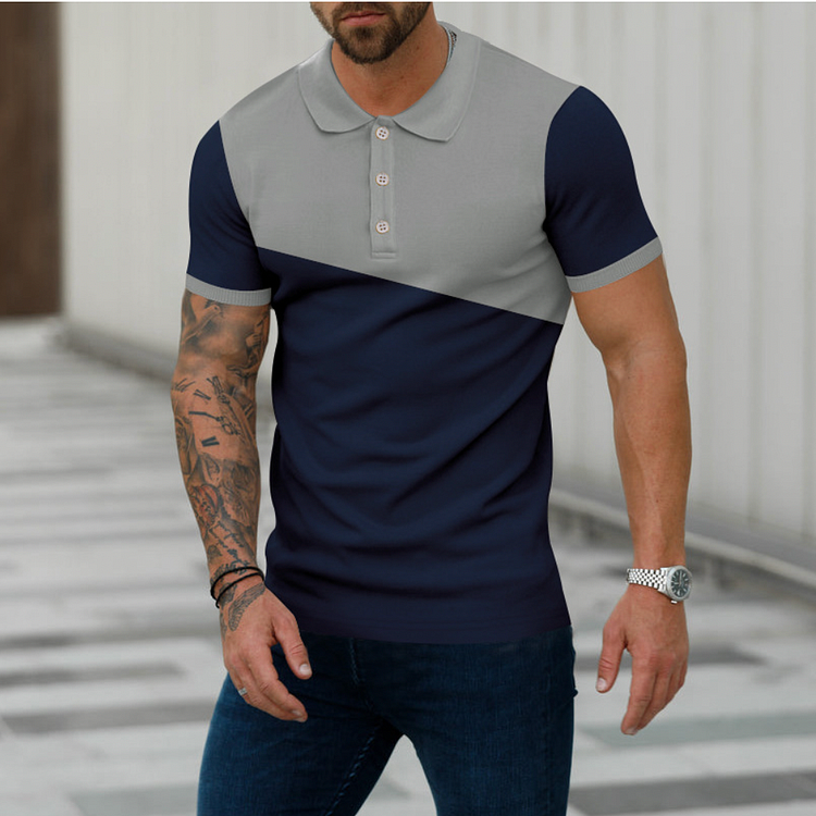 BrosWear Men's Contrast Patchwork Casual Short Sleeve Polo Shirt