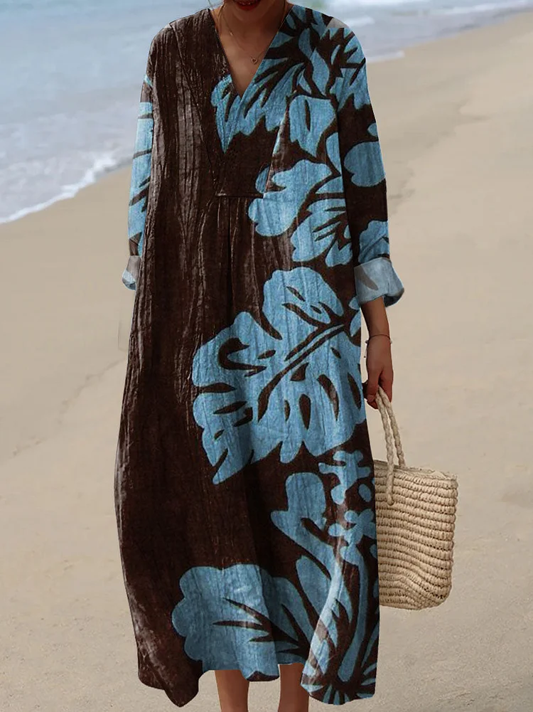 Women's Blue Leaf Print Dress