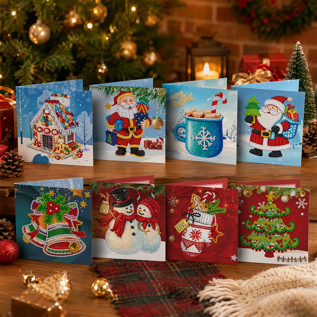 8PCS Merry Chrismas DIY Diamond Painting Greeting Card Kits with Envelopes Diamond Art Greeting Cards Diamond Art Cards Kits for Adults DIY Crafts Family Friend Gifts