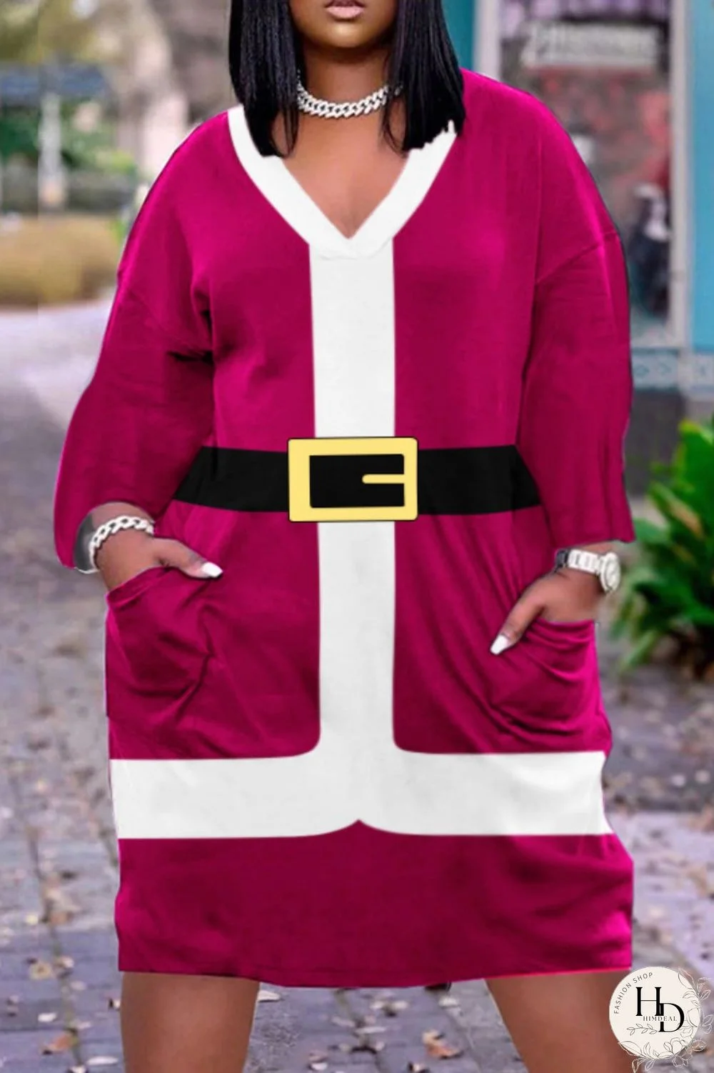 Red Casual Print Patchwork V Neck Long Sleeve Dresses