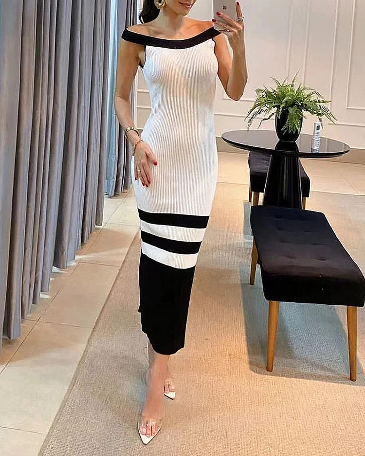 One-shoulder Patchwork Knitted Bodycon Dress